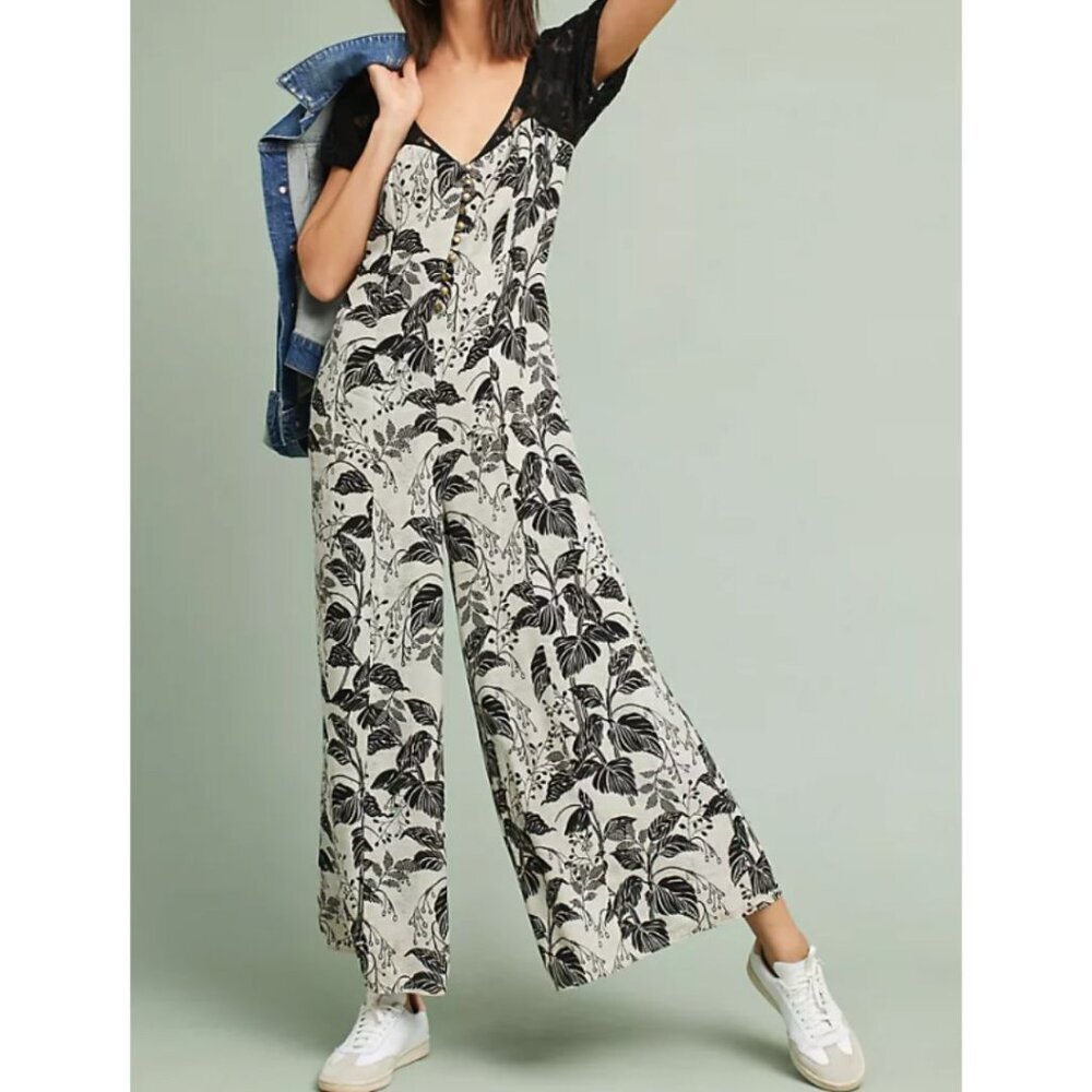 Anthropologie Jumpsuit Wide Leg Women 0 Crop Leaf Floral Black Lace Short Sleeve